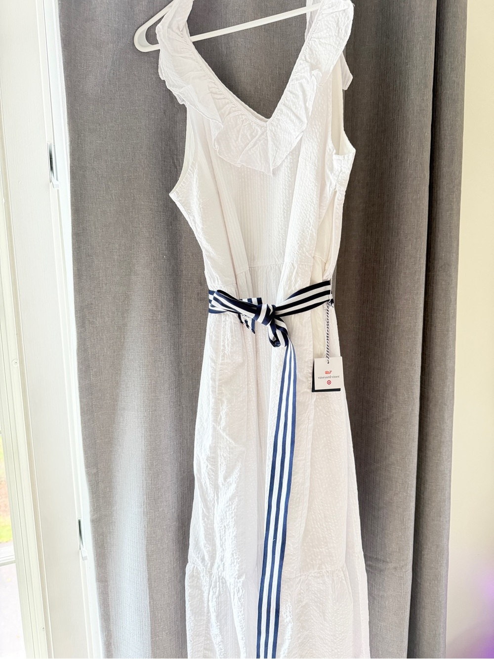 Vineyard Vines White Maxi Dress with Navy Stripe Belt